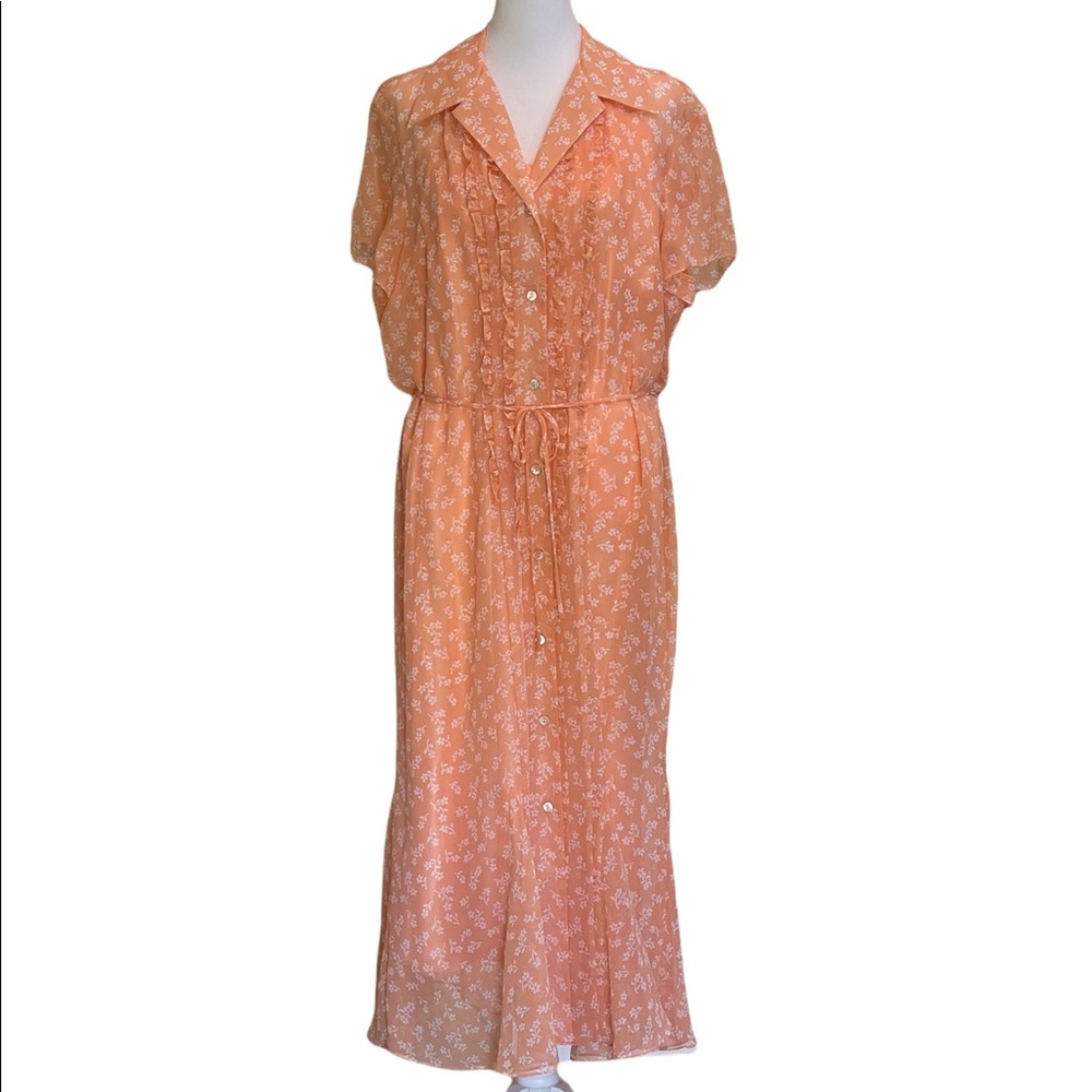 DAVID WARREN New York Dress Sz 16 Light Coral White Flowers Ruffles Button Down